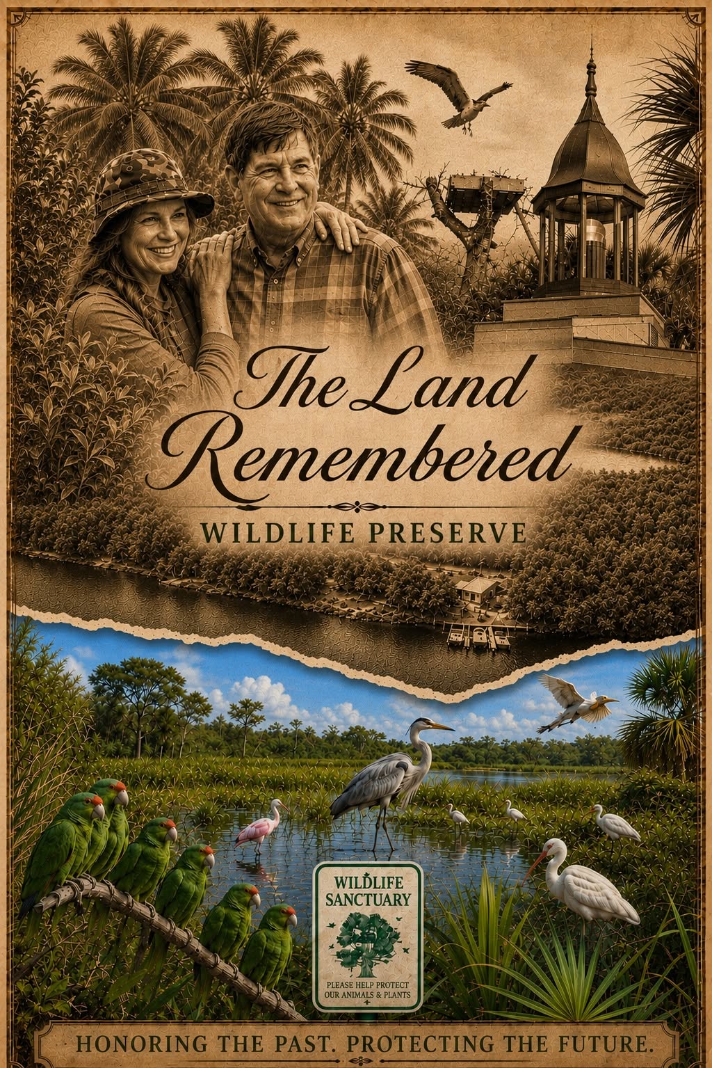 The Land Remembered Wildlife Preserve poster featuring George and Nancy Corbett, the observation pavilion, and the birds of the sanctuary